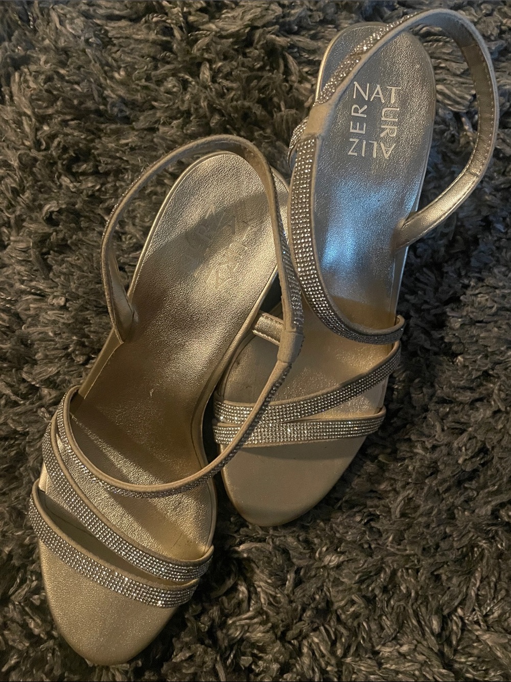 Naturalizer Metallic Silver Slingback Sandals with Crystal Straps